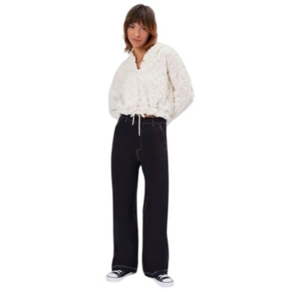 wide leg trouser pant top stitched NWT Medium black 100% cotton woven - Picture 3 of 10